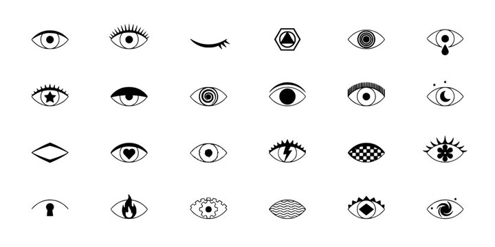 Eyes with Various Stylized Designs Arranged in a Grid Pattern Featuring Eye, Design, Illustration with Vector and Symbol Elements