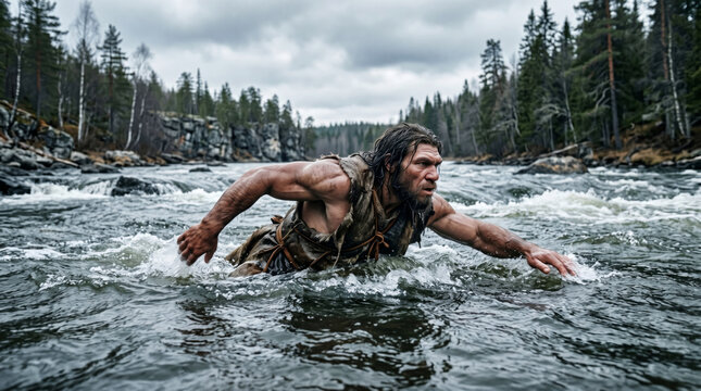 A determined Neanderthal swims across a fast-flowing prehistoric river, battling strong currents in a rugged natural landscape. Endurance and survival concept