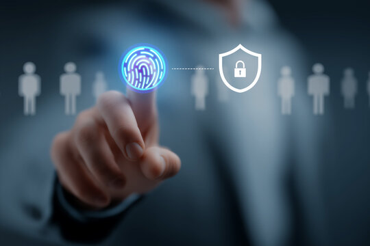 Business professionals are scanning fingerprints to unlock devices, a concept related to data security technology.