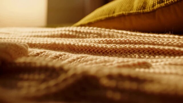 Low-angle close view of knitted blanket with shifting focus revealing ribbed stitch texture, fuzzy wool fibers, and warm golden bedroom light with softly blurred cushion and lamp glow