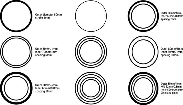 Set of various geometric circle shapes with different stroke weights and spacing dimensions for technical design and graphic elements transparent background