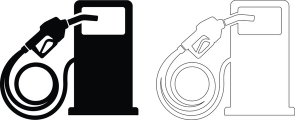 Vector icon set features a gas station fuel pump with a nozzle and hose, presented in both solid black silhouette and simple line outline styles for automotive design. © Shah Hasanuzzaman