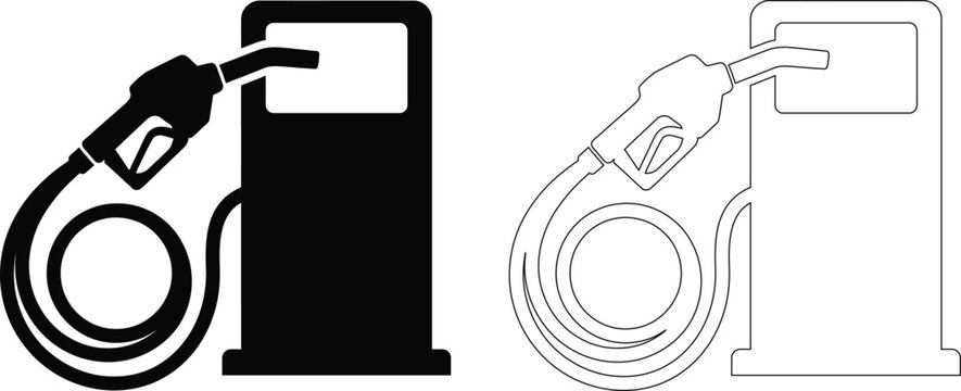 Vector icon set features a gas station fuel pump with a nozzle and hose, presented in both solid black silhouette and simple line outline styles for automotive design.