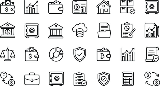 Finance and banking line icons vector set featuring money wallets credit growth charts bank buildings currency exchange safes and financial analytics symbols