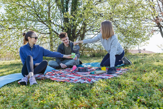 Three Friends Sharing Drink During Outdoor Picnic in Spring Park
