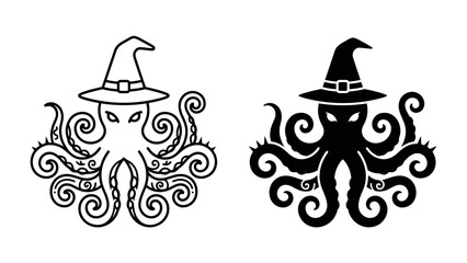 Halloween Octopus Icon: A stylized octopus wearing a witch's hat, presented in both outline and silhouette versions, perfect for spooky-themed designs and graphic resources. © abidakhatun