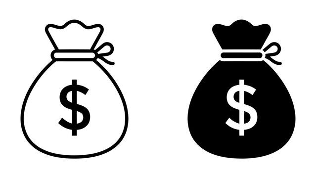 Money Bag Icon: Two money bag icons, one outlined and one solid black, both featuring a prominent dollar sign, representing wealth and financial transactions.