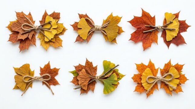 Set of creative autumn leaf bows isolated on white background