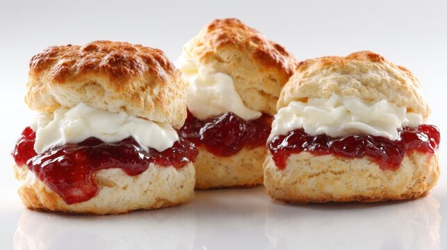 Scones with Strawberry Jam and Clotted Cream Close-up Studio Shot on White Background Traditional English Afternoon Tea Treat