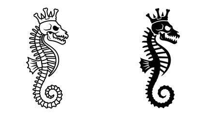 Skull Seahorse King Tattoo Design: A striking black and white graphic illustration of a seahorse with a skull for a head, crowned as royalty. © Abdul