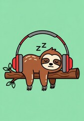 Fototapeta premium Cute Cartoon Sloth Sleeping on a Tree Branch Wearing Large Red Headphones, Relaxing and Listening to Music Illustration