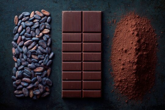 Dark Chocolate Bar with Cocoa Beans and Powder Overhead Still Life on Dark Background Delicious Sweet Treat