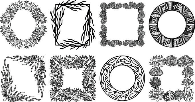 Set of decorative frames with coral reef elements, sea life border collection transparent background