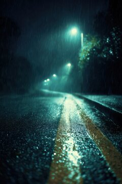 Moody nightscape of a wet road under streetlights during a heavy rainstorm in a suburban neighborhood with a dark and cinematic atmosphere
