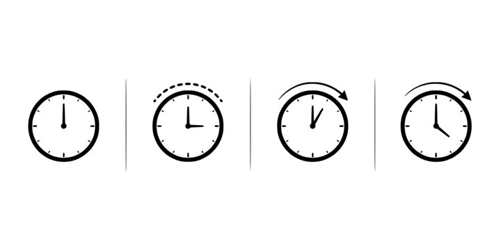 Clock Icon Set with Four Vector Illustrations Showing Different Times and Circular Minimalist Designs with Black Outlines