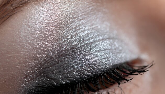Closeup of eye with silver glitter makeup.