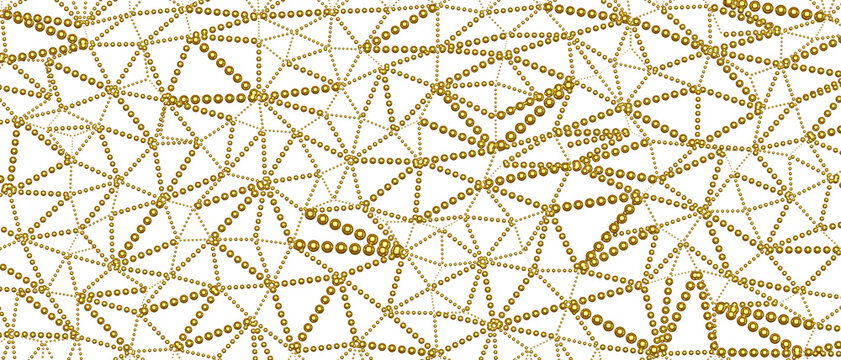 Intricate golden web of interconnected dots forming a geometric pattern on white