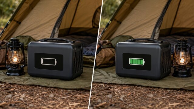 Dead camping battery and charged power pack inside tent