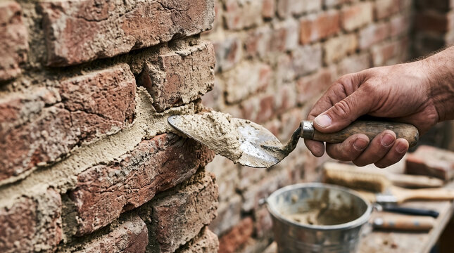 Man's hand applies mortar for brick wall repair, working on damaged surface. Worker carefully fills gaps between old rustic bricks, showing skill for brick wall repair task.