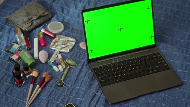 Laptop displaying green screen chroma key sitting next to cosmetics and makeup brushes on blue blanket. Ideal for beauty blogging, e-commerce marketing, or online cosmetics store promotion
