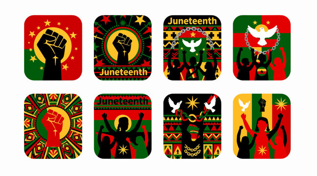 Juneteenth celebration icons set