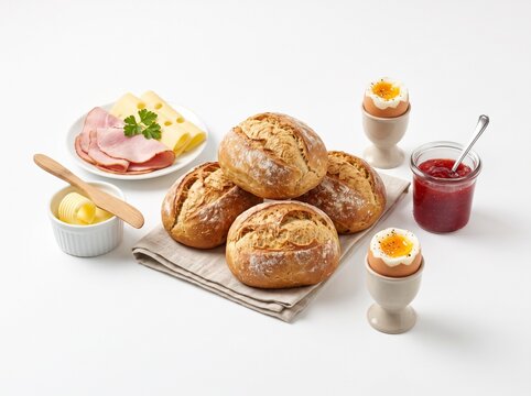 Fresh German Br&ouml;tchen bread rolls served with butter, sliced ham, cheese, fruit jam, and boiled eggs, isolated on a pure white background,