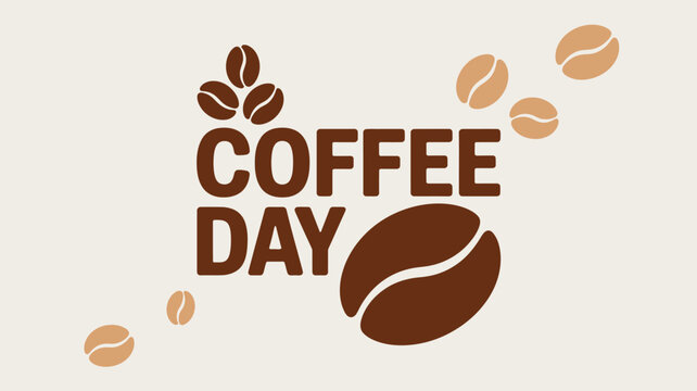 Coffee Day message displayed with a large coffee bean and many smaller beans scattered around