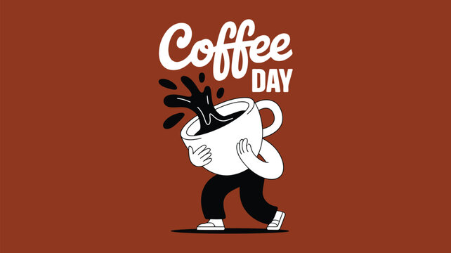 Coffee Day cheerful illustration of a walking cup spilling dark beverage
