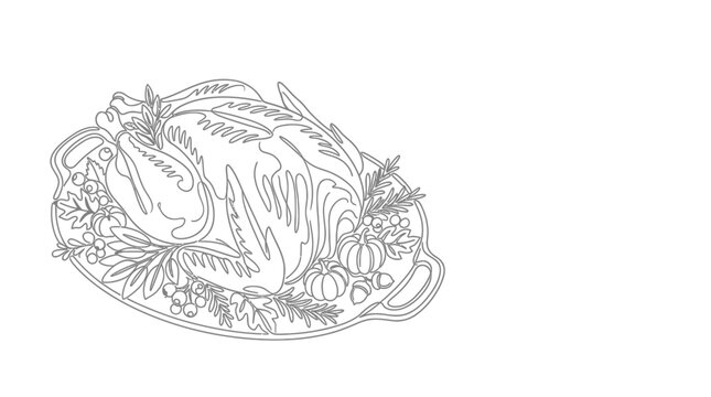 Hand drawn line art illustration of a roasted turkey on a platter.