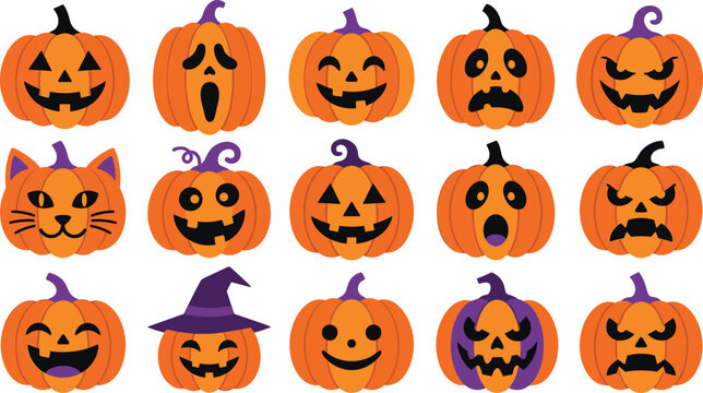 Halloween pumpkin jack o lantern vector sticker set with spooky faces witch hat cat head scream angry expressions