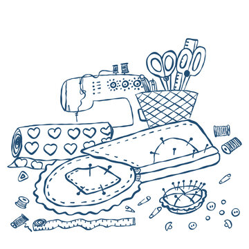  Sewing and tailoring tools vector set. Hand-drawn doodle sketch of a sewing machine, scissors, fabric, threads, buttons, and pins. Line art illustration for handmade and hobby concept.
