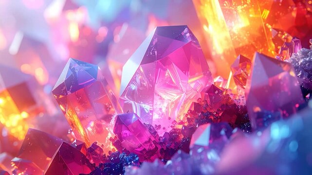 Glowing crystals with facets of orange and blue, surreal and illuminated