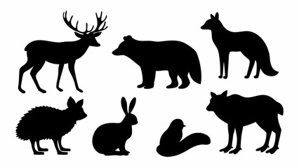 Obraz premium Silhouette Bundle Featuring Deer, Fox, Wolf, Rabbit, Bear, Squirrel, Bird, and Wild Boar