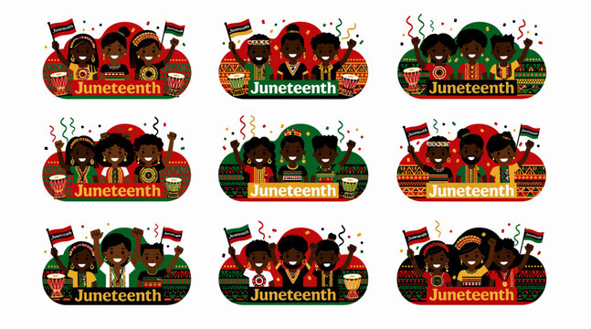 Juneteenth celebration badges, diverse group of people