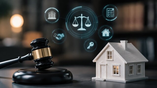 A black judge's gavel rests beside a small white house model surrounded by glowing holographic icons of scales, keys, and contracts symbolizing rental property law