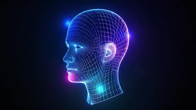 A neon-lit wireframe human head against a dark blue and black background