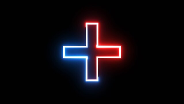 Plus sign symbol outlined with glowing red and blue neon light on dark black void background.