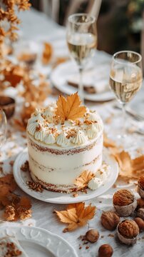 Autumn Celebration Cake with Wine Glasses and Fall Leaves on Tabletop in Outdoor Setting Close Up