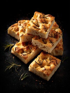 Stack of Rosemary Focaccia Bread Slices on Dark Surface, Studio Shot, Close-Up, Italian Cuisine, Baked Goods, Food Photography