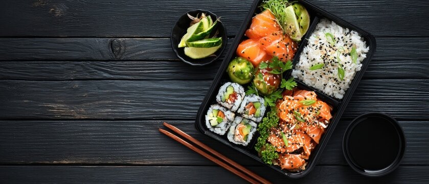 Overhead shot of a sushi bento box with salmon avocado rolls and rice on a dark wooden table ready to eat