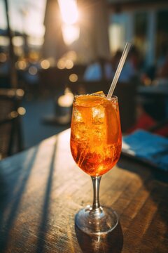 Aperol Spritz cocktail drink on table at sunset in outdoor cafe close up shot of beverage with ice and straw