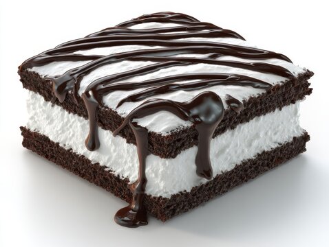 Square Chocolate Cake Slice with White Filling and Chocolate Drizzle Close Up Delicious Dessert Food Sweet Treat