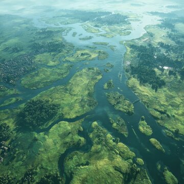 Aerial View of Green River Delta with Islands and Lush Vegetation in a Misty Landscape from Above