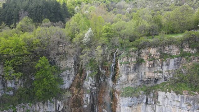 Aerial view of Skaklya Waterfall at Balkan Mountains near village of Zasele, Bulgaria
