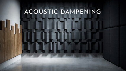 Fototapeta premium Acoustic dampening soundproofing materials in a room with wooden panels on the wall and a concrete floor sound absorption technology