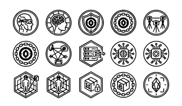 Spatial Data Geometric Badge Vector Icons Abstract VR Neural Network and Metaverse Cloud Symbols