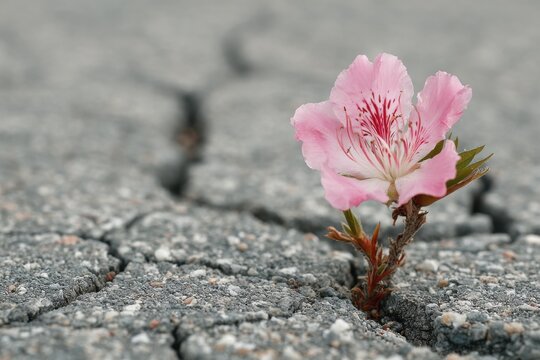 Resilience Pink Flower Growing Through Cracked Pavement Close Up Hope Concept Strength Perseverance Nature Abstract Urban Landscape