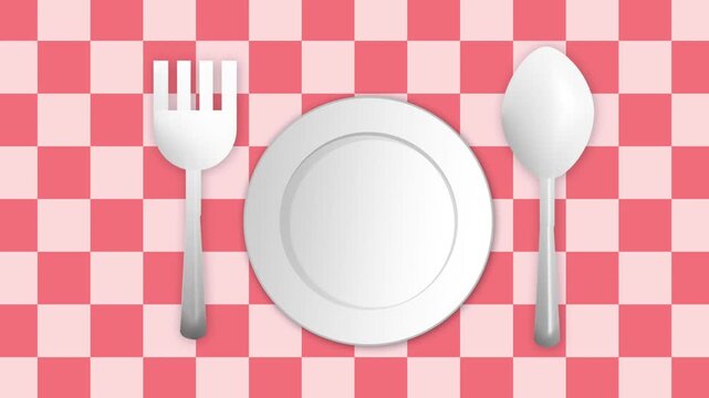 Motion graphics showing a white ceramic plate with a silver fork and spoon sliding out of frame over a pink checkered tablecloth.