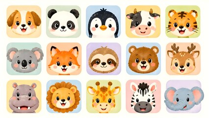 Fototapeta premium Adorable set of 15 cute cartoon animal avatar icons inside rounded square tiles including lion, panda, koala, and giraffe for nursery decor.