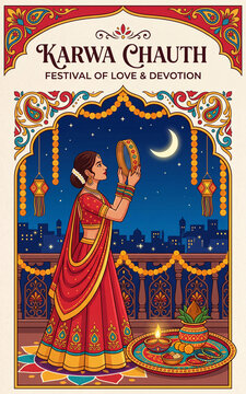 Karwa Chauth festival illustration with woman holding chalni sieve looking at full moon and traditional ritual items for celebration